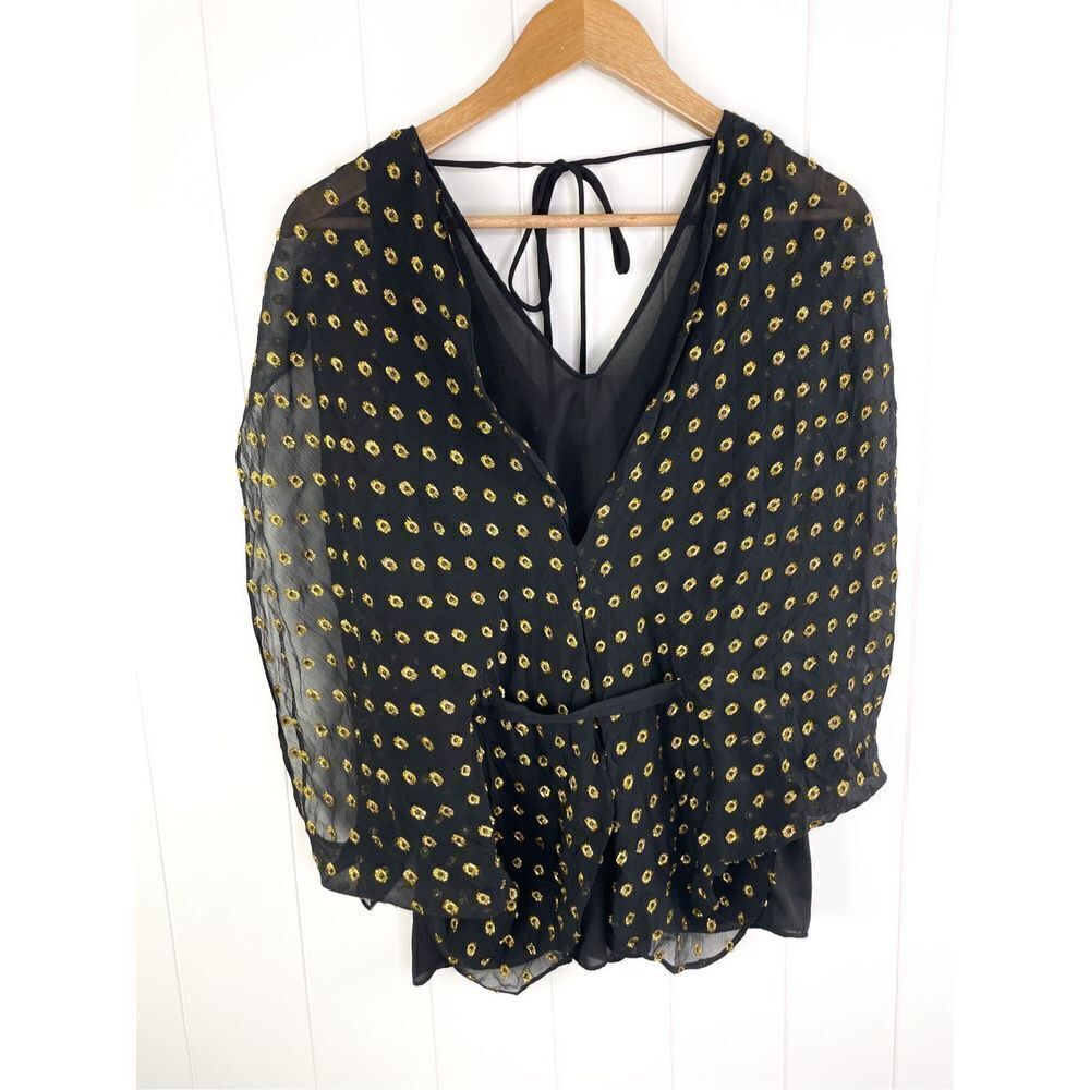 Anthro Greylin Black Gold Flutter Sleeve Sheer Polka Dot Button Down Back Top S